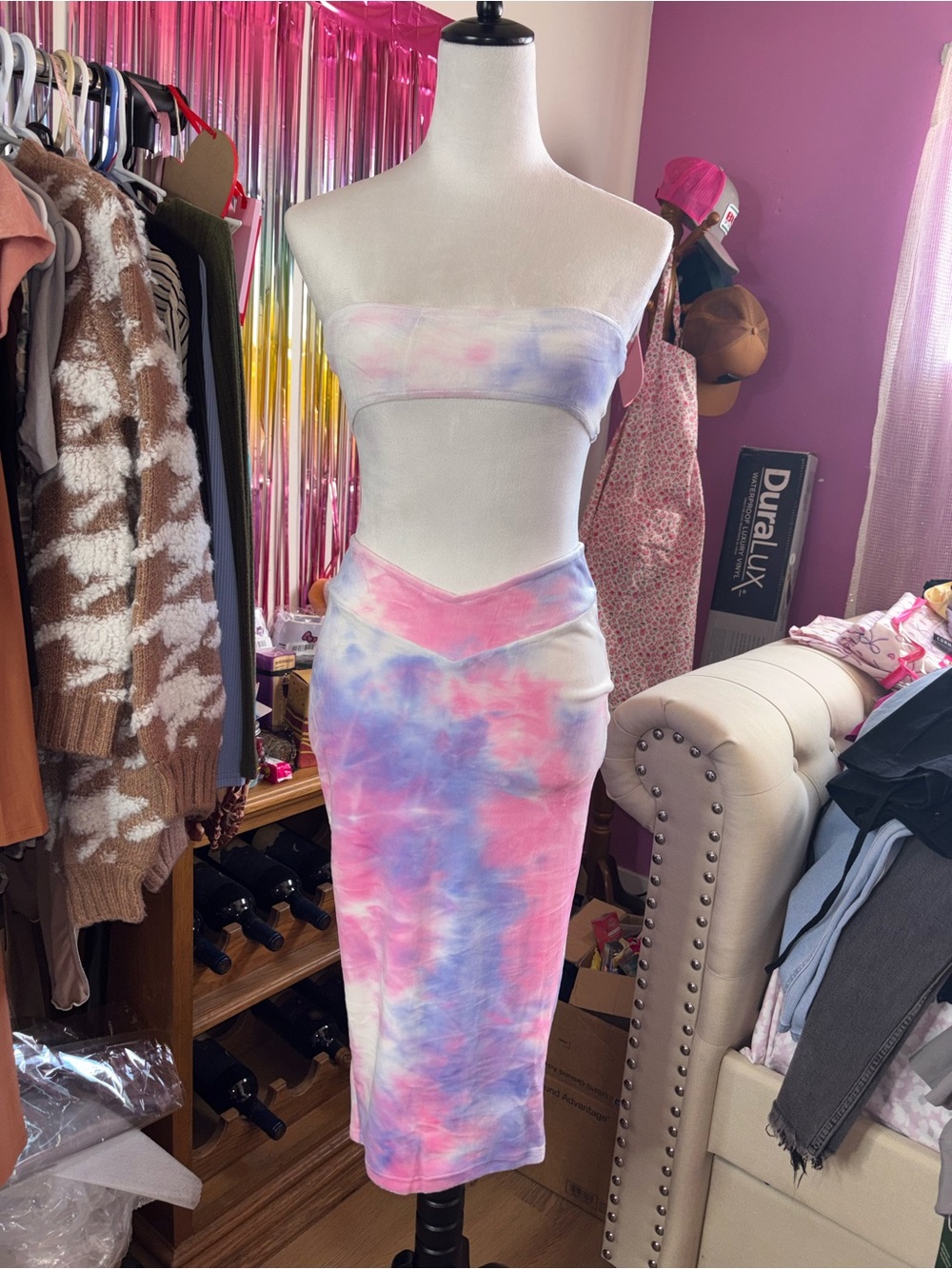 New Pink Tie-Dye Pastel Tube Top & Midi Skirt Set